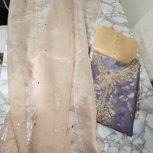 Chic Beige and Blue Embroidered Ensemble Pakistani Indian Dress